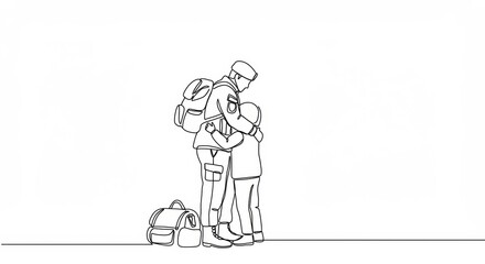 Heartwarming minimalist illustration of a soldier embracing his child before deployment