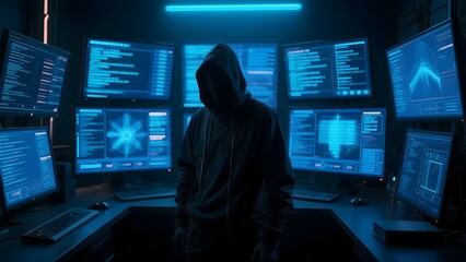 Hooded figure in front of multiple computer screens displaying code and data visualizations