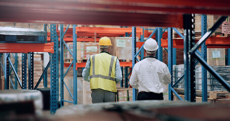 Warehouse, men and team walking for logistics, stock inventory or inspection by shelves. Industrial...