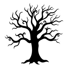 Spooky silhouette tree with curly branches vector, Halloween twisted tree art, Bare creepy tree illustration, Cartoon haunted tree design