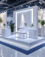 Modern minimalist exhibition booth with white panels, subtle blue accents, and ambient lighting