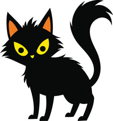 Flat Vector Black Cat with Arched Back Fluffed Tail and Yellow Eyes Cartoon Silhouette, Black Cat Vector Silhouette, Halloween Cartoon Cat, Arched Back Cat Illustration
