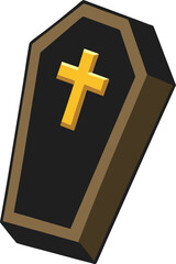 Obraz premium Silhouette coffin with gold cross vector illustration, Halloween coffin clipart, Spooky coffin silhouette, Cartoon coffin design