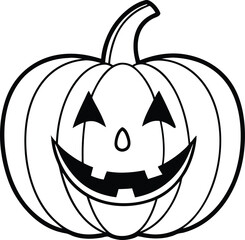 Line art jack o lantern with smiling face vector, Halloween pumpkin outline illustration, Cartoon jack o lantern drawing, Simple pumpkin line art