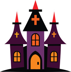Colorful cartoon haunted house with glowing windows, Spooky Halloween house vector, Haunted building illustration, Halloween cartoon mansion