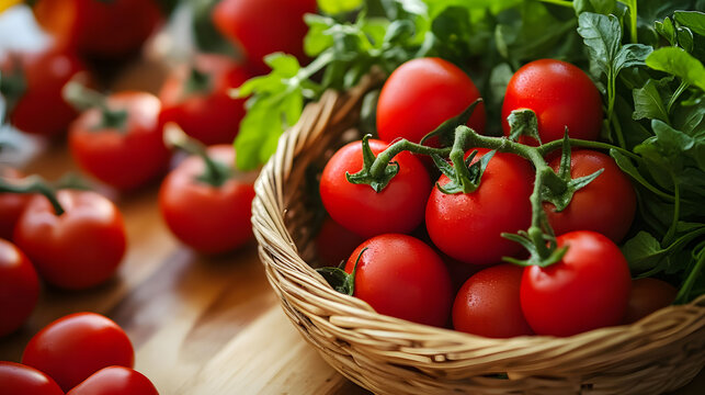 Fresh Tomatoes in Basket: A rustic wicker basket brimming with ripe, red tomatoes, still attached to the vine, sits on a wooden surface. Green herbs add a touch of freshness.