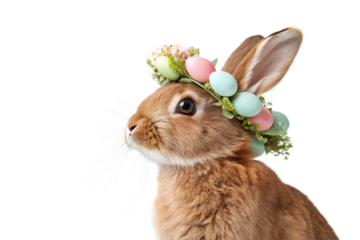 Close-up portrait of an adorable brown rabbit with a easter eggs nest wreath on its head against a pastel green background, an Easter celebration AI Generated By PNG