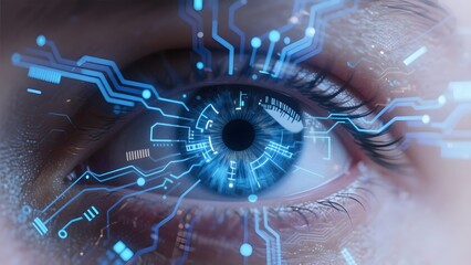 A close up of a human eye with blue digital circuit patterns overlaying the eye and surrounding skin