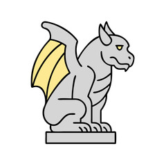 Illustration of a gargoyle statue with wings, stone guardian, gothic architecture, and mythical beast