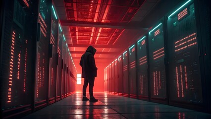 A hooded figure stands in a server room illuminated with red and green neon lights and server racks