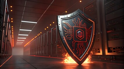 A glowing shield with a circuit board design in a server room with orange lighting and fire at the base