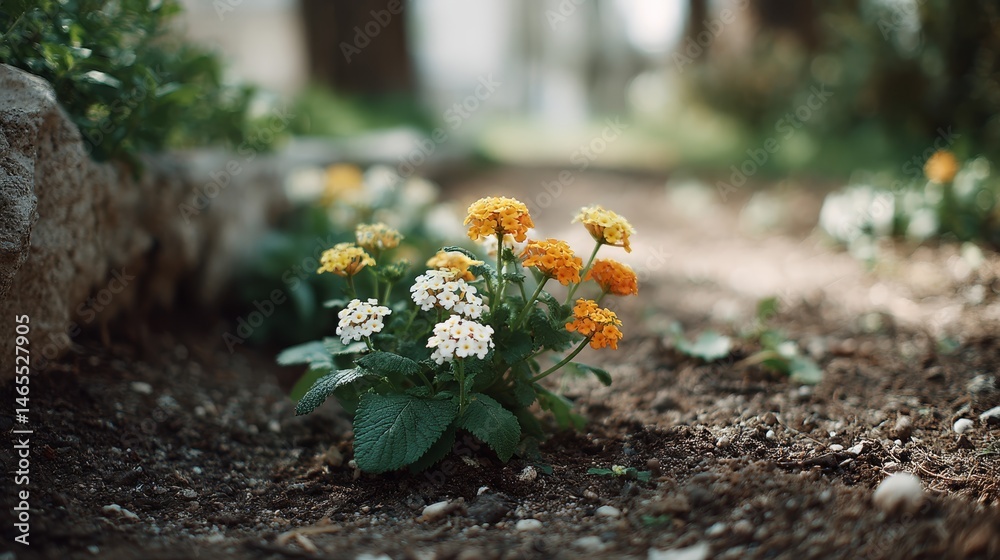 Poster blooming orange and yellow flowers brighten a sunlit garden bed in spring, creating a serene atmosph