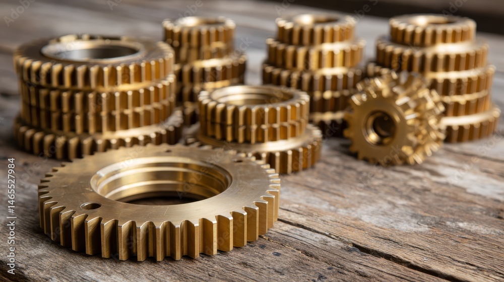Poster bronze gears interlock seamlessly atop a rustic wooden surface, bathed in warm natural light, symbol