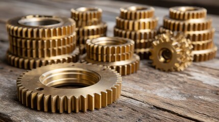 Bronze gears interlock seamlessly atop a rustic wooden surface, bathed in warm natural light, symbolizing optimized workflows and offering ample copy space for text