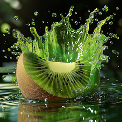 Fresh green kiwi fruit slice drops with a juicy splash into clear water, a healthy and refreshing sight of nature's vitaminFresh green kiwi fruit slice drops with a juicy splash into clear water, a he