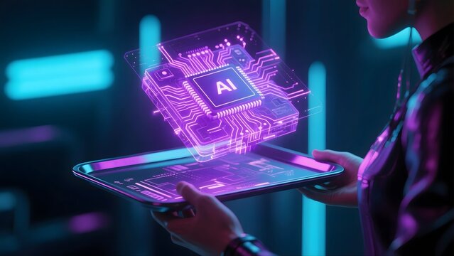 Person holding tablet with ai chip hologram overlay in a futuristic neon lit environment