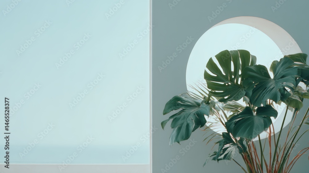 Poster close-up of rich monstera leaves illuminated by soft natural light, framed in a circular window, cre