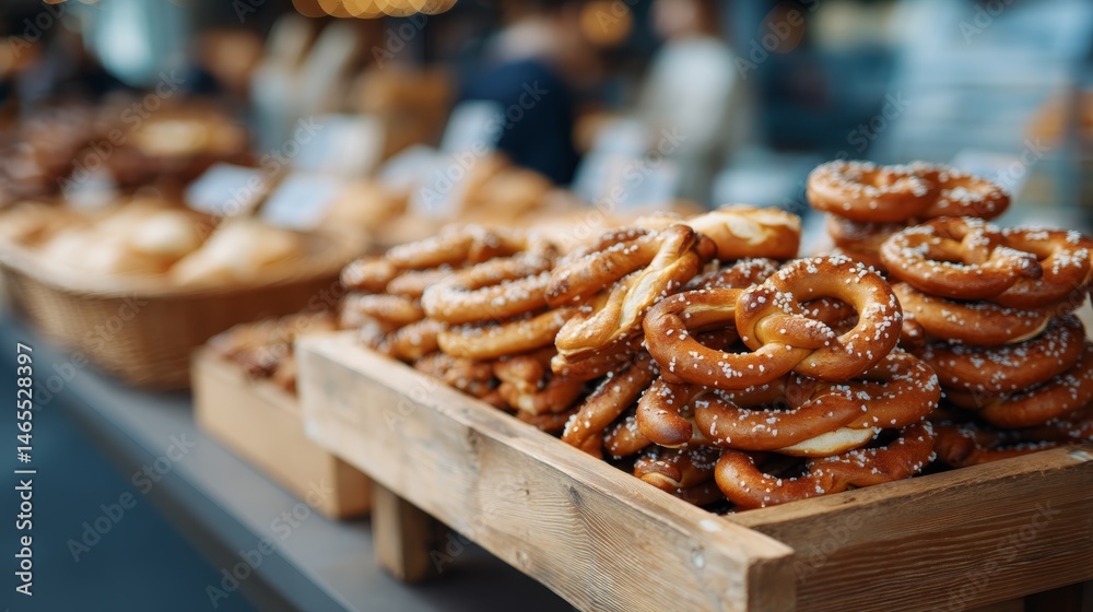 Poster Neatly arranged golden-brown pretzels sit invitingly on a rustic wooden rack in a bakery, radiating warmth and inviting textures with ample copy space for design
