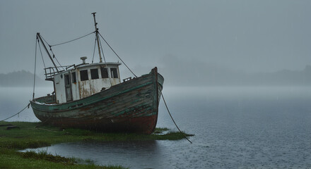 Fototapeta premium Weathered Fishing Vessel Moored On Shoreline During A Rainy Day