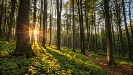 Sunlight shining through tall trees in a forest with a path and green ground cover visible in daytime