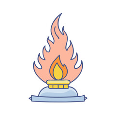 Illustration of gas flame burner with light blue base and orange flame energy source concept design