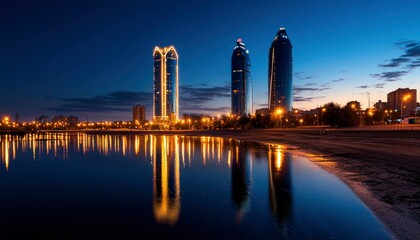 Obraz premium City skyline at dawn reflected in water