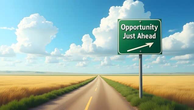 Opportunity just ahead, text with green road sign, natural background.
