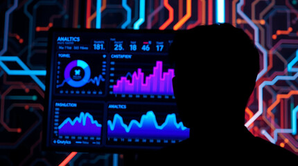 Silhouette Analyzing Data Insights on Screen Displaying Charts and Graphs