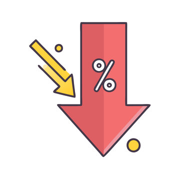 Percentage decrease arrow icon for financial loss and discount rate reduction vector graphic design