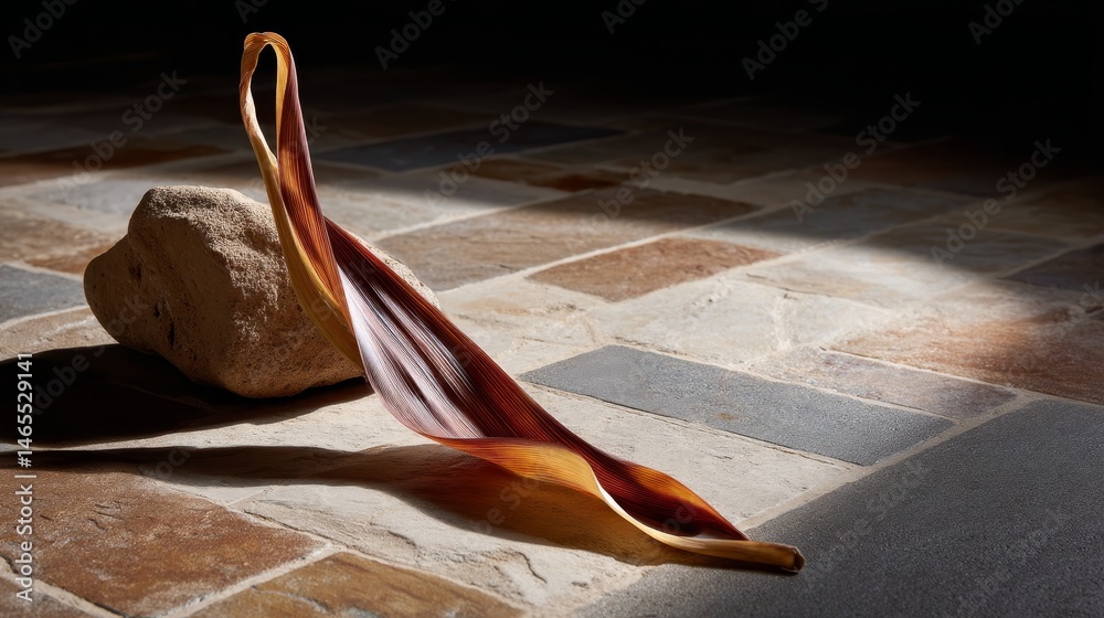 Poster A glowing leaf icon displays rich red and gold tones, softly illuminated on a textured stone surface, creating a warm and inviting atmosphere with available design space