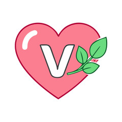 Letter v initial heart logo design with leaf branch vector illustration for valentine day love
