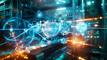 Futuristic scientific research laboratory visualization with glowing energy spheres and high tech equipment photo