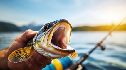 Man is holding a fish in his hand, with the fish's mouth wide open. The scene is set in a body of water, and the fish appears to be a bass. Scene is one of excitement and anticipation