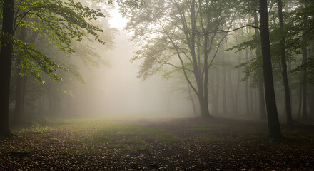 Obraz premium Mystical Forest Scenery With Dense Fog And Sun Rays Illuminating The Woods