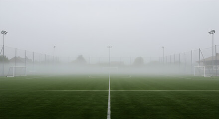 Eerie Empty Soccer Field Veiled In Thick Morning Fog Landscape