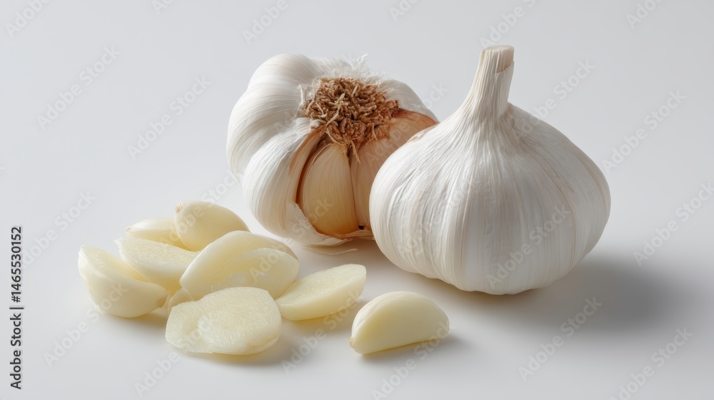 Poster crisp studio lighting showcases a halved garlic bulb alongside neat garlic slices, emphasizing fresh