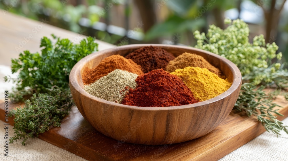 Poster close-up view displays a rustic clay platter brimming with assorted dried spices in bright colors, s