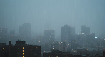 Cityscape In A Downpour With Illuminated Windows Against Overcast Sky