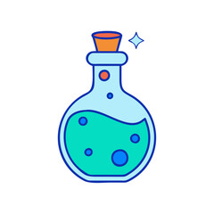 Illustration of a potion bottle with liquid and bubbles for science and fantasy themes
