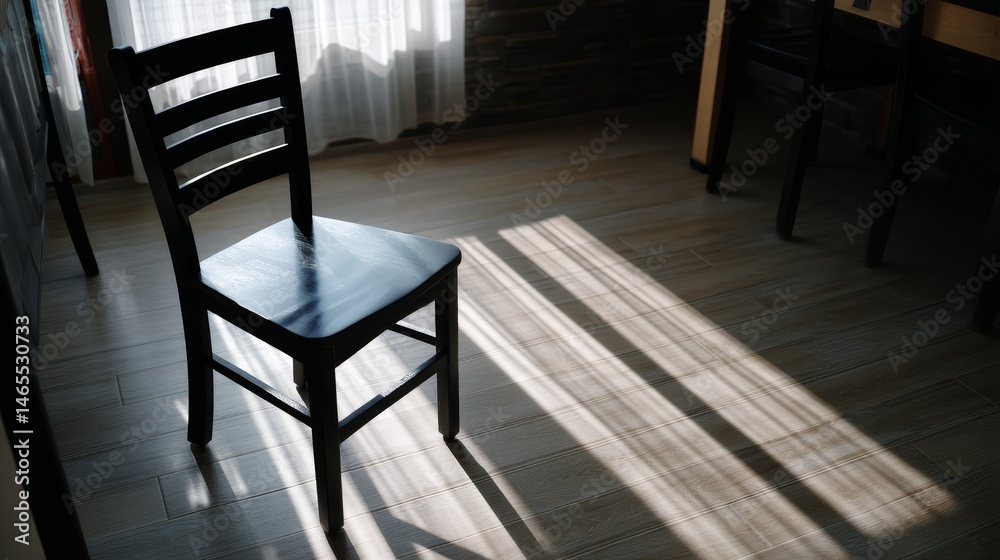 Aufkleber A close-up of a stylish ebony chair in a minimalist space, creating dramatic shadows on a polished oak floor illuminated by a beam of light