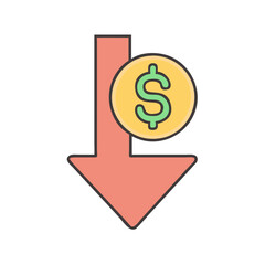Decrease in value concept with down arrow and dollar coin for financial loss illustration