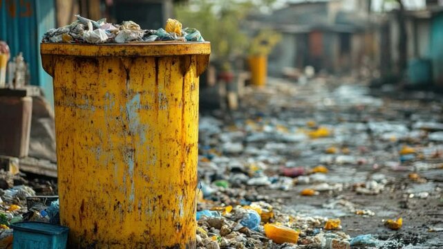 Overflowing Waste: A close-up shot of an overflowing waste bin in a run-down alley, highlighting the consequences of waste mismanagement and environmental neglect.