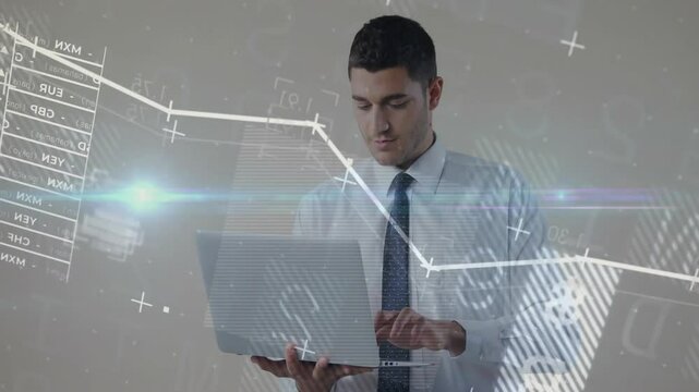 Business professional typing on laptop in office, with animated finance charts and currency codes