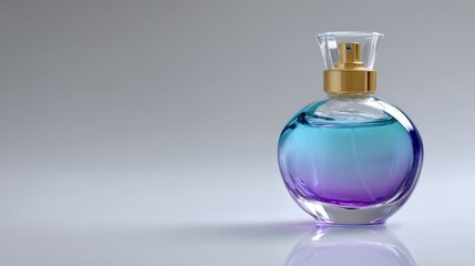Close-up of a stylish glass fragrance bottle featuring a gradient from teal to purple