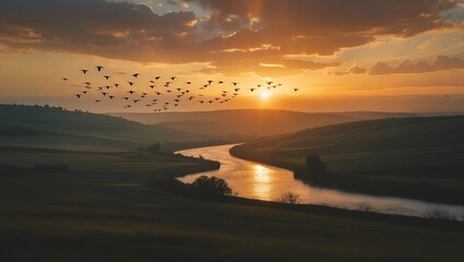 tranquil landscape with birds flying over sunset-lit river

