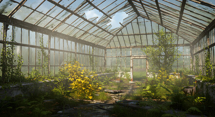 Abandoned Greenhouse Engulfed By Nature With Sunlight Streaming Through Broken Roof