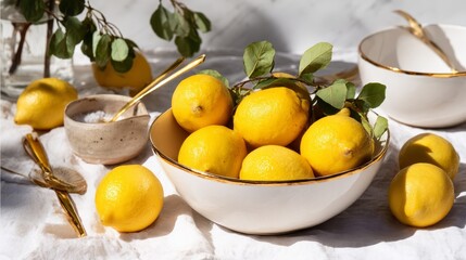Close-up view of a stylish oak dining table showcasing a ceramic bowl brimming with fresh lemons and a decorative salt grinder, illuminated by gentle natural light