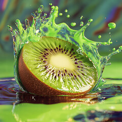 A juicy green kiwi slice with water drops floats in fresh water