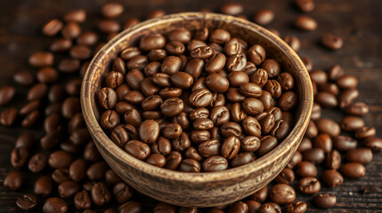Fototapeta premium Bowl of rich, brown roasted beans displayed on dark wooden surface, close up, rustic