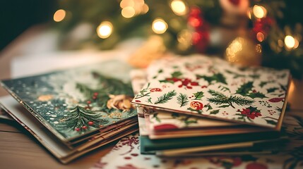Festive christmas cards stacked on a wooden surface.